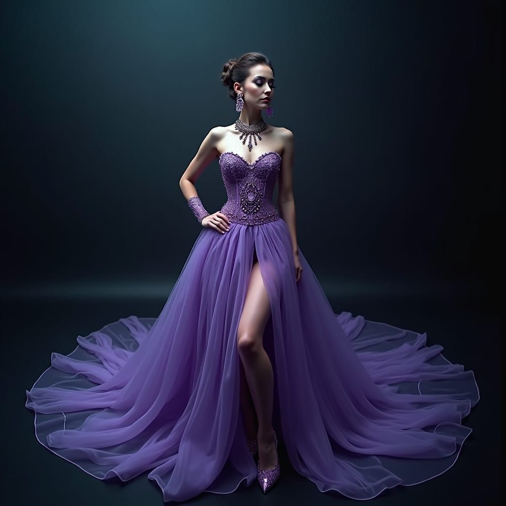 Woman in Purple Gown with Futuristic Jewelry