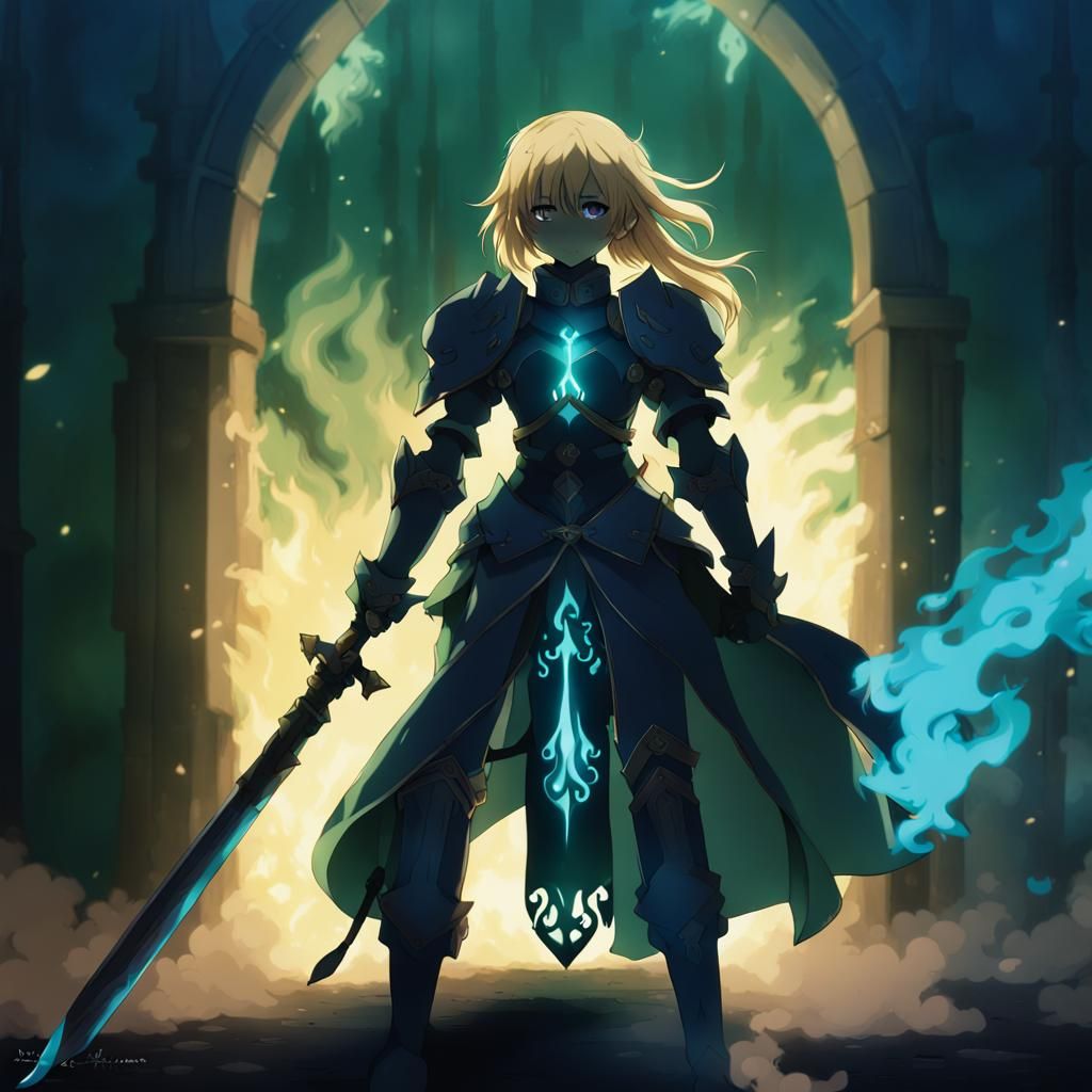 Anime Warrior Girl Guarding Smoky Portal