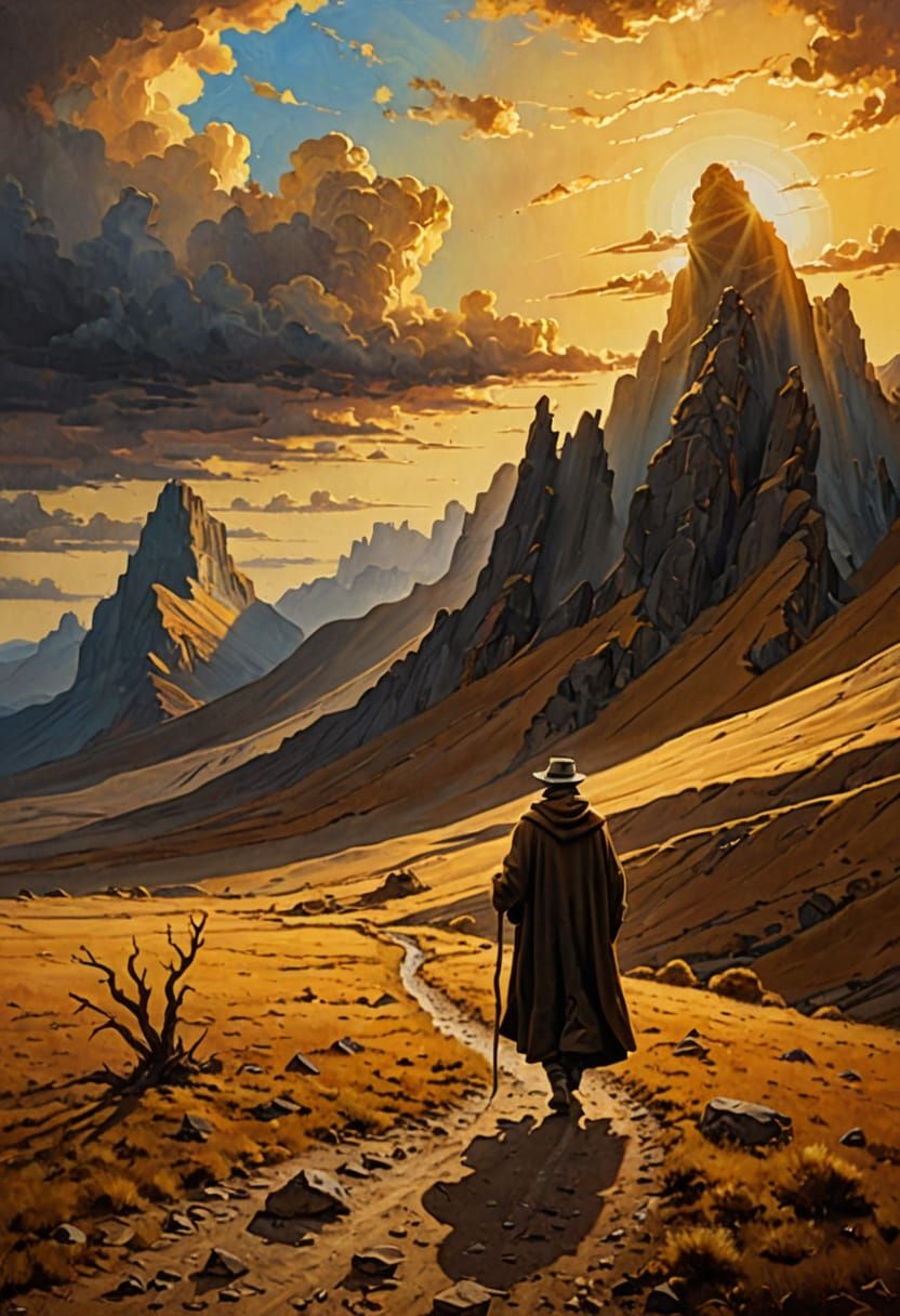 Lone Pilgrim in Surreal Desert Landscape