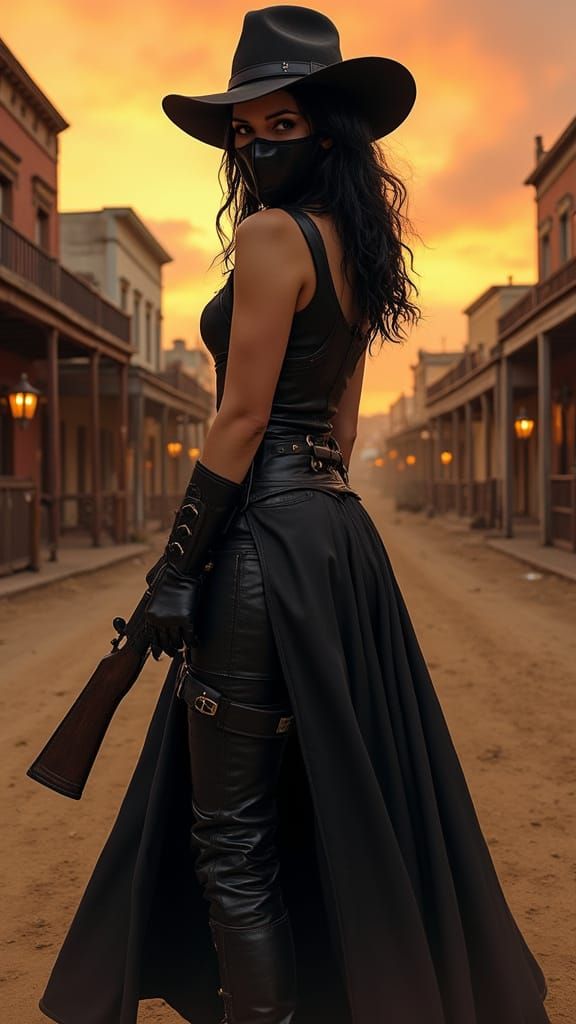 Mysterious Wild West Cowgirl in Dramatic Sunset