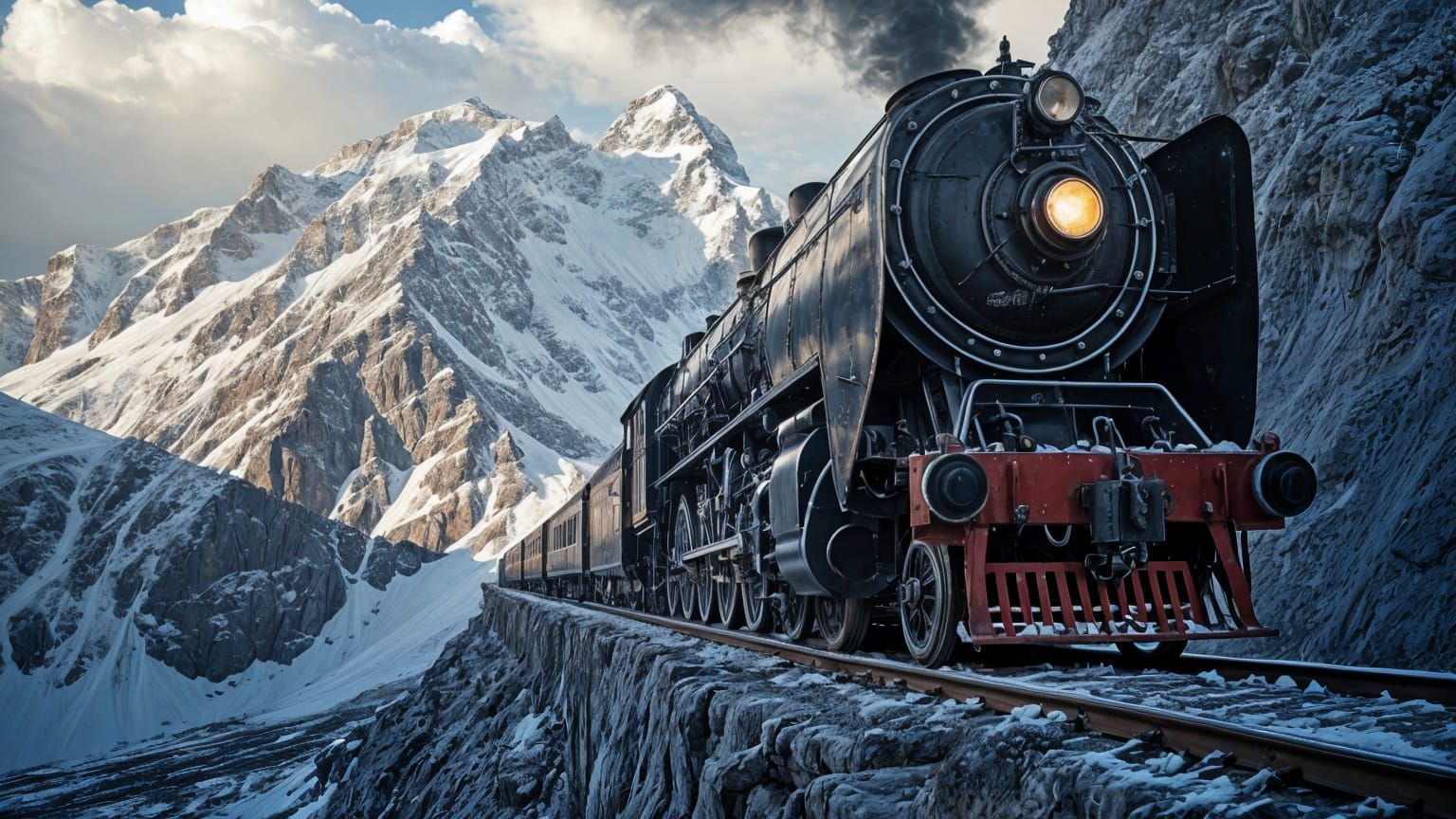 Steam Train on Frozen Cliffside Tracks