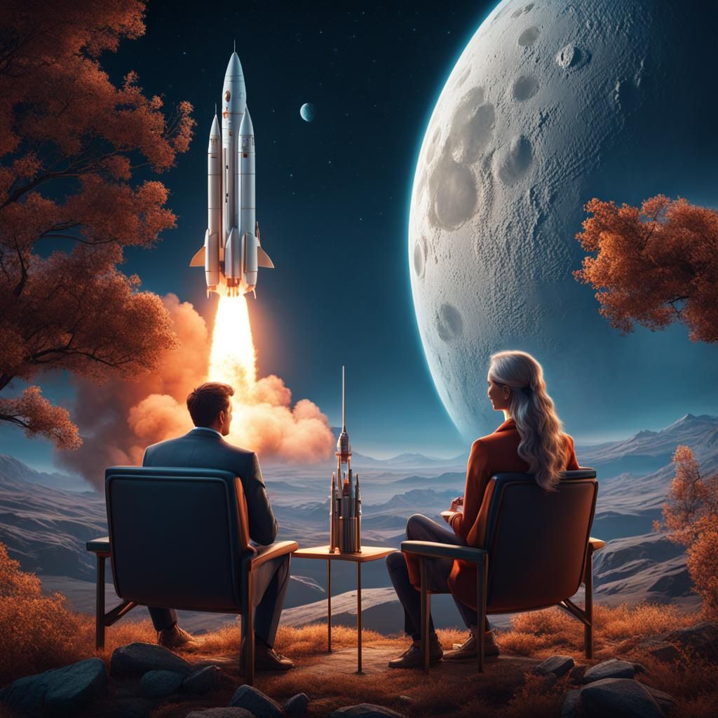 A female scientist and male mathematician sitting together as they watch a rocket fly to the moon