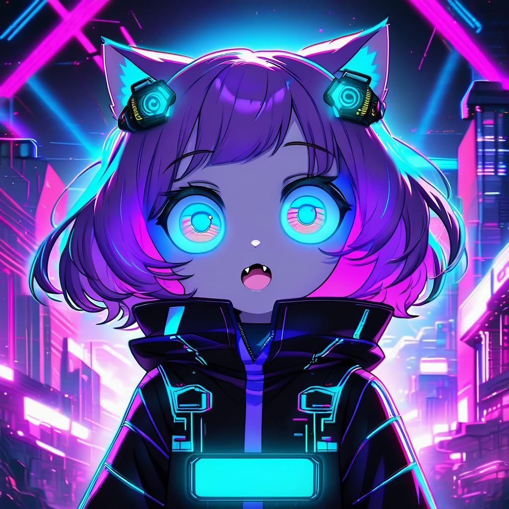 Cyberpunk Synthwave Catgirl with Glowing Blue Eyes