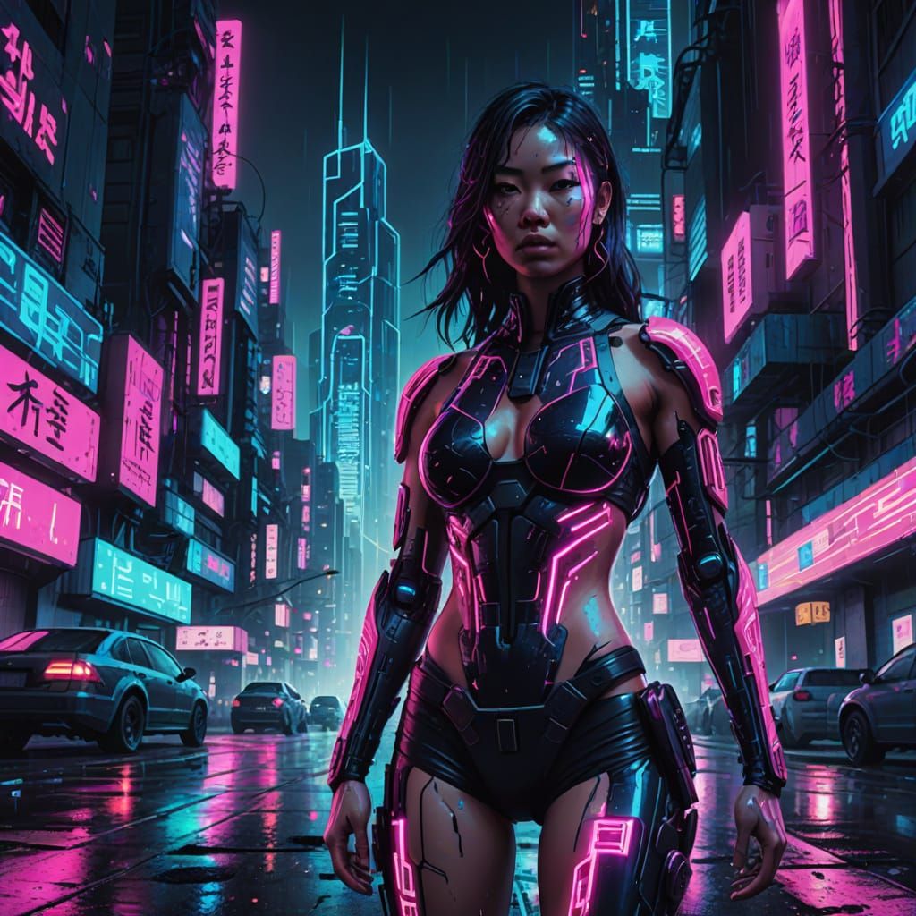 Gritty Cyberpunk Asian Goddess in Neon City