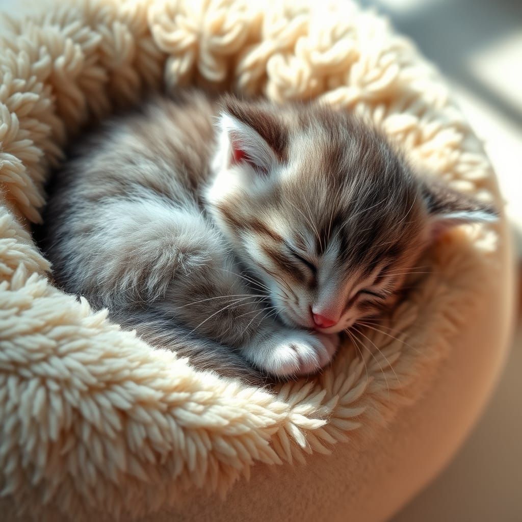 Hyper-Realistic Portrait of a Snuggly Grey and White Kitten