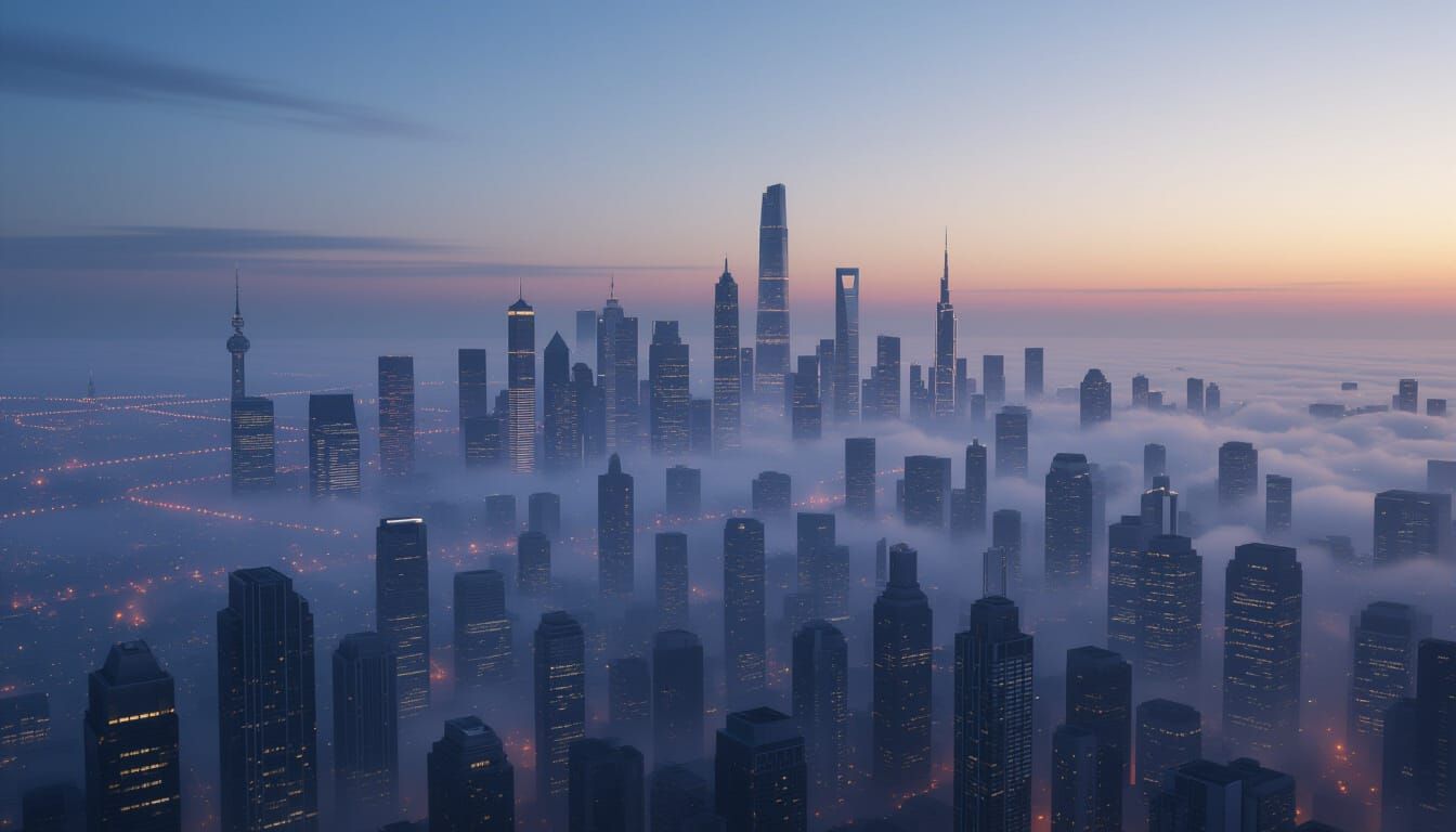 Photorealistic Smog-Shrouded Futuristic Megacity at Dusk