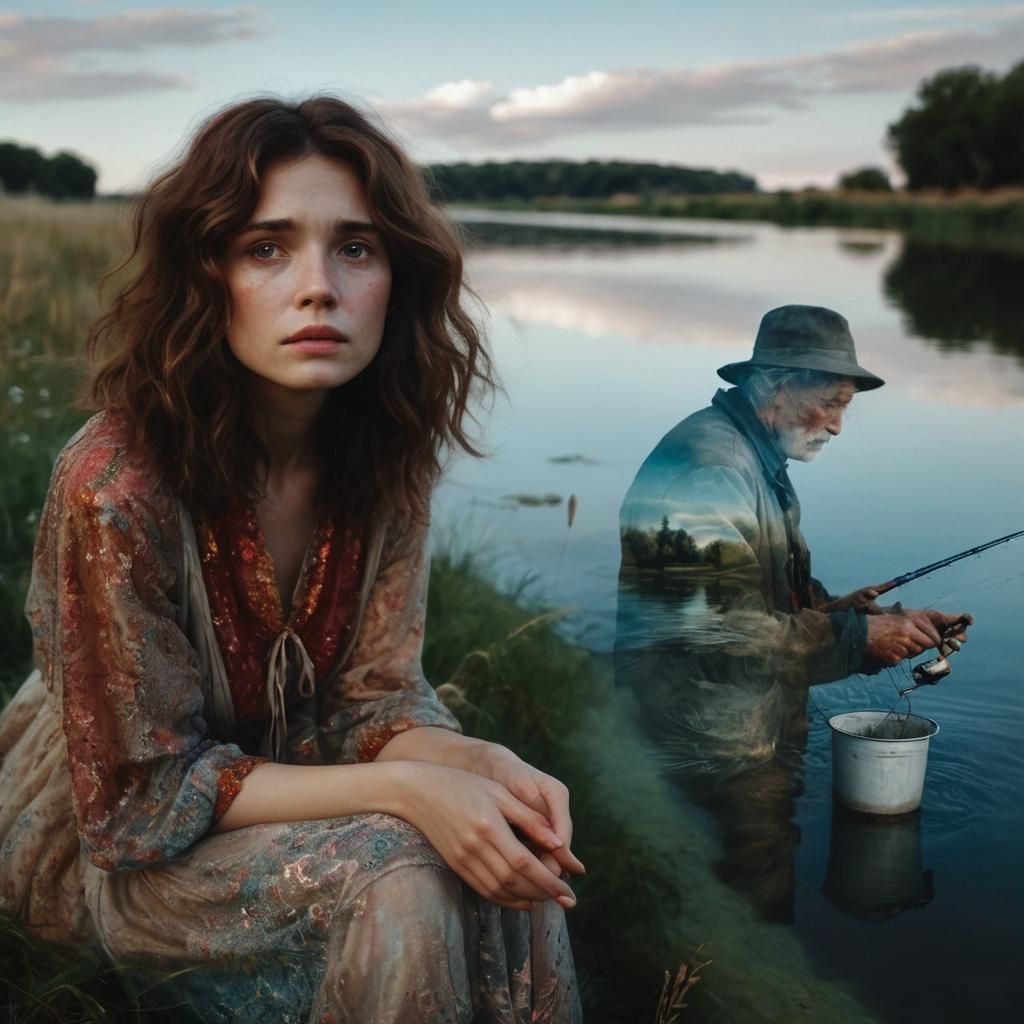 Woman Watches Father's Ghost Fishing in Whimsical Realism