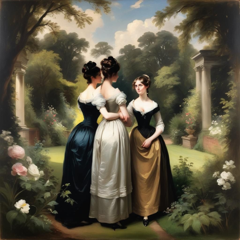 Regency Ladies in Garden: Chiaroscuro Oil Painting