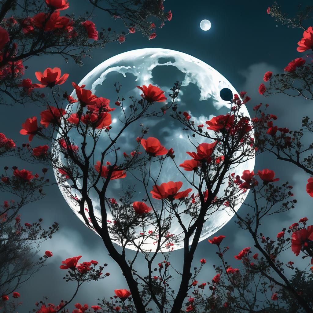 Dramatic Moon Over Red Flowers in Double Exposure