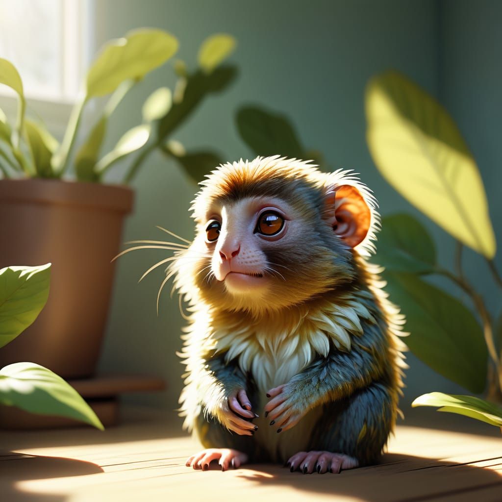 Adorable Pygmy Marmoset in Sunlit Room Whimsical Illustratio...