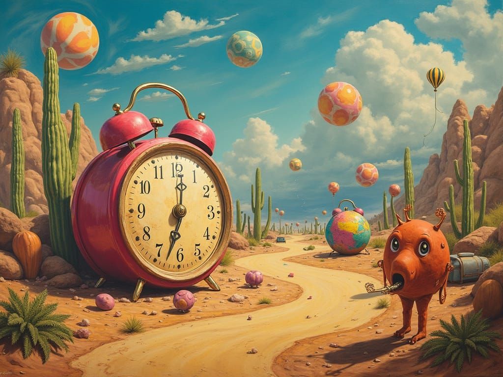 Surreal Desert Landscape with Melting Clocks and Giant Toys