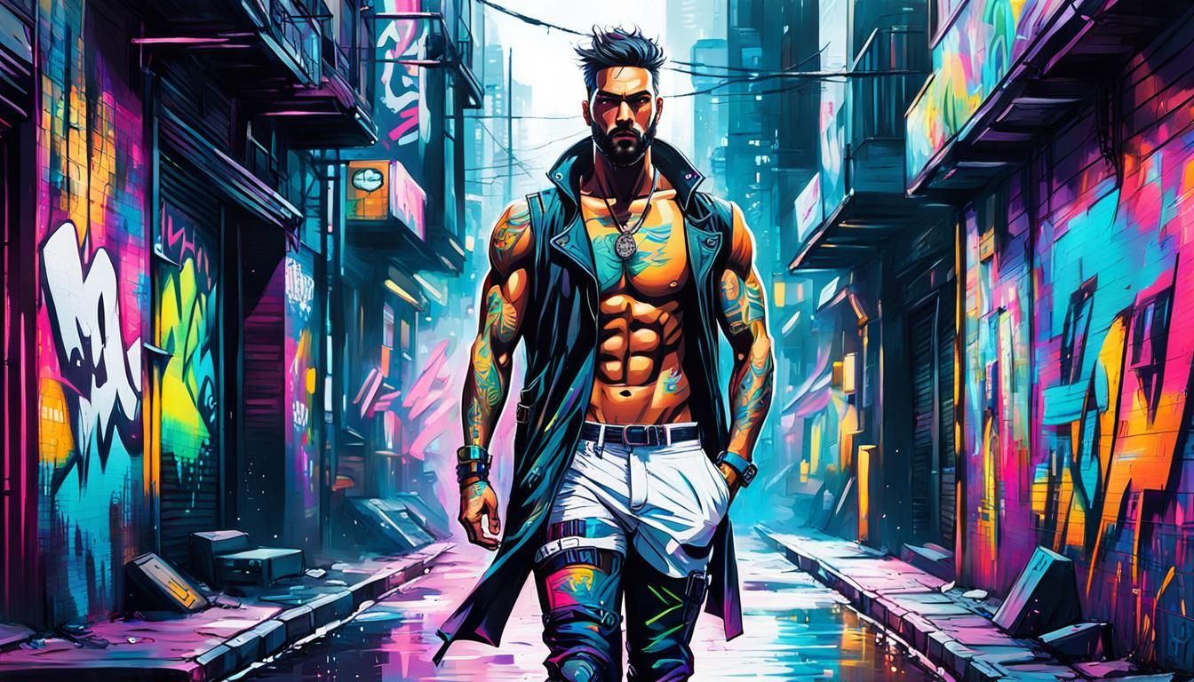 Cyberpunk Man in Briefs: Graffiti Street Art
