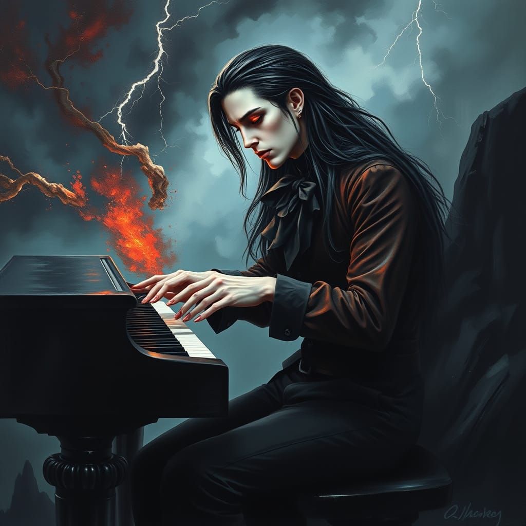 A Handsome Vampire Plays the Piano Under Stormy Skies