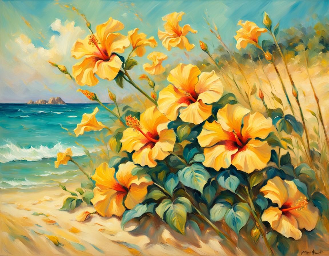 Yellow Hibiscus on Beach as Impressionist Painting