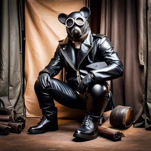 Leather Bear in Oily Latex Suit with Gas Mask