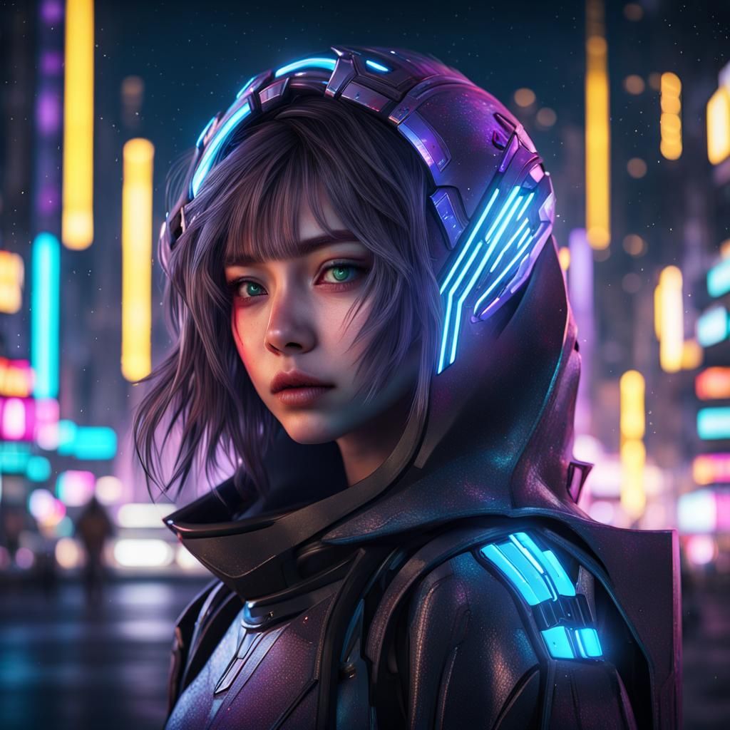 Jedi Girl in Neon City: Dark Fantasy Concept Art
