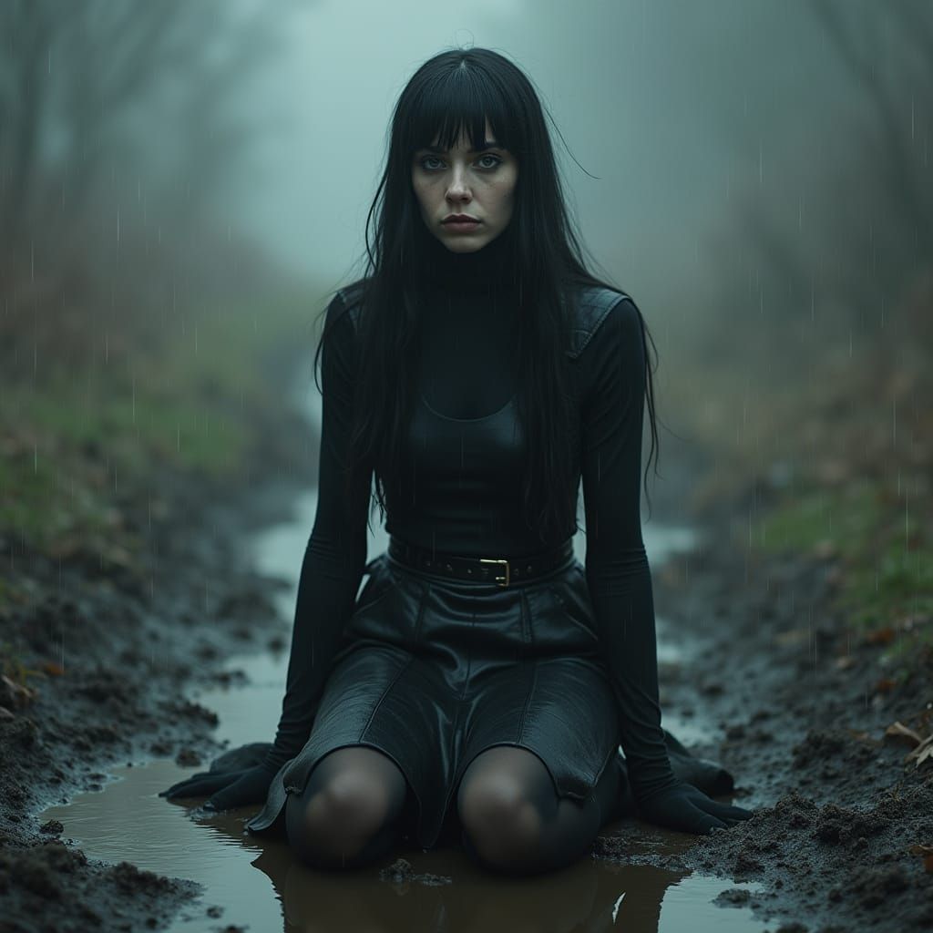 Goth Woman in Mysterious Rainy Landscape