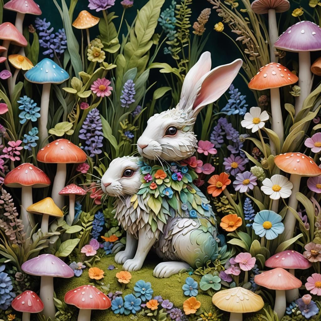 Polymer Clay Bunny in Whimsical Pastel Garden