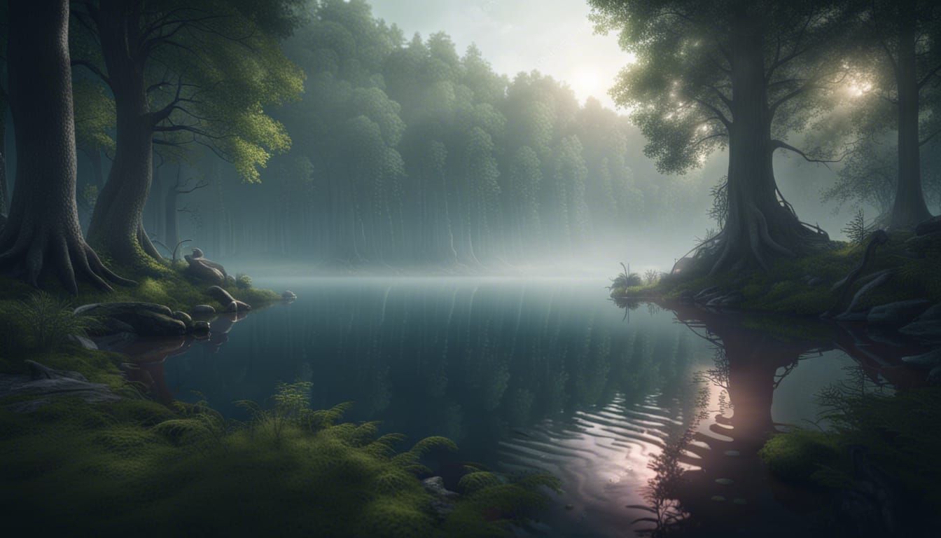 Mystical Forest Lake with Ethereal Reflections