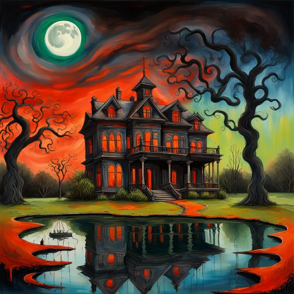 Spooky Haunted Mansion in Watercolour Impasto Style