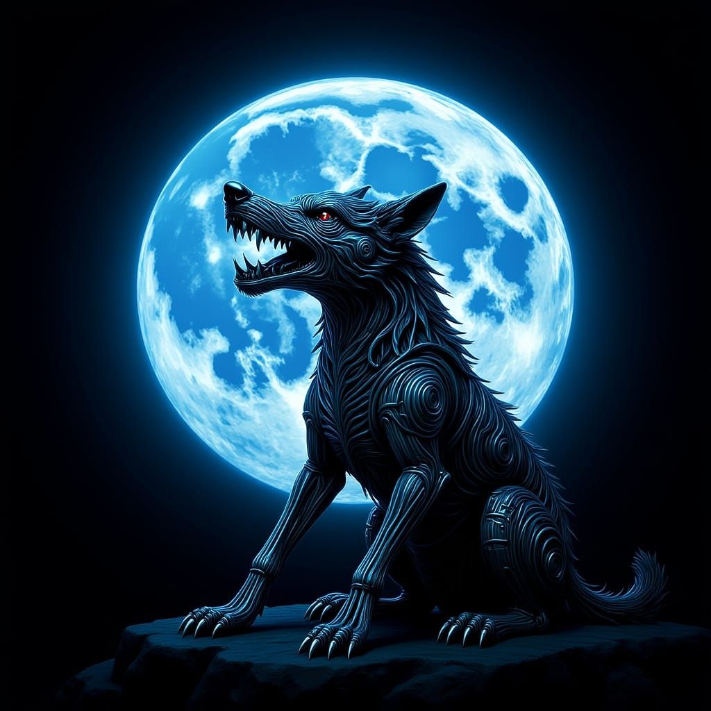 Wire Wolf Howling at Glowing Moon, Surreal Art