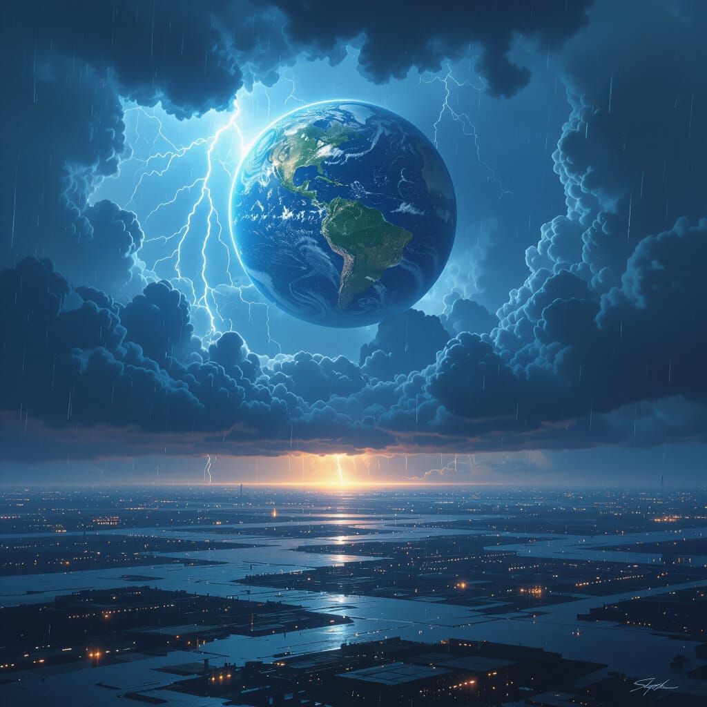 Stormy Earth From Space in Dystopian Future Style