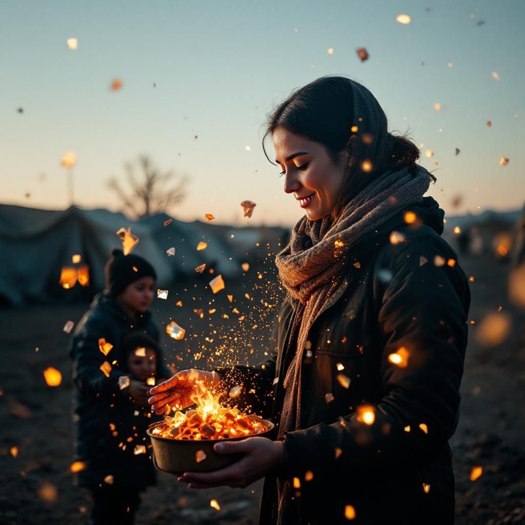 Hopeful Volunteer in Refugee Camp with Crystalline Embers
