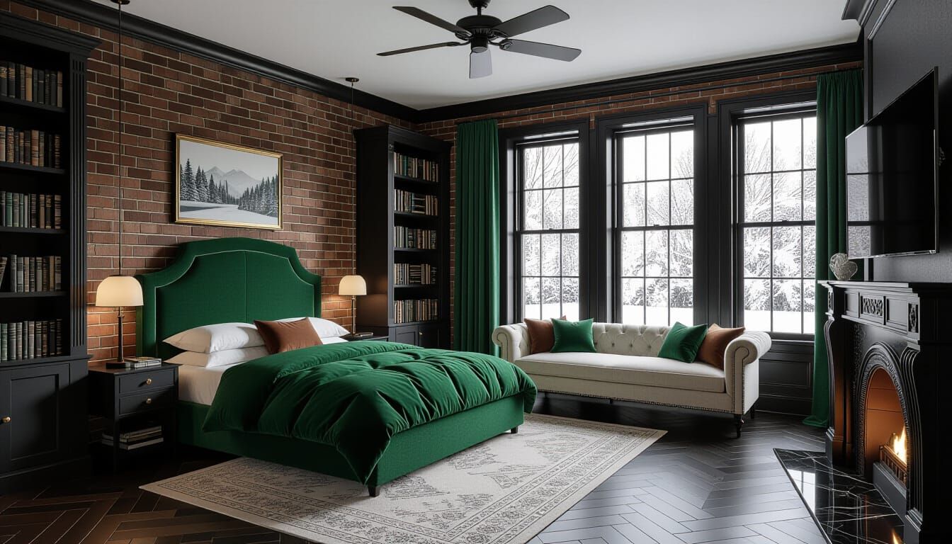 Victorian Bedroom with Emerald Bed and Snowy View