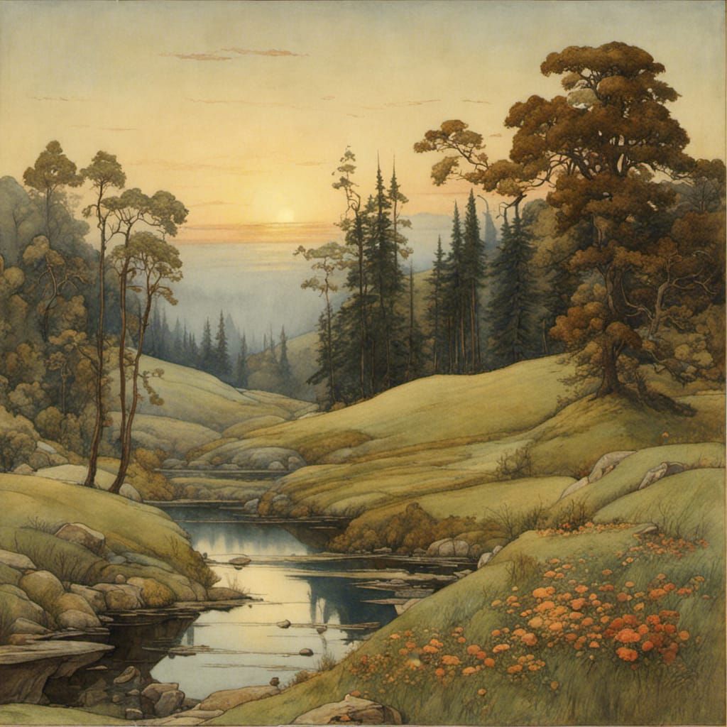 Vintage Landscape Illustration in Detmold Style