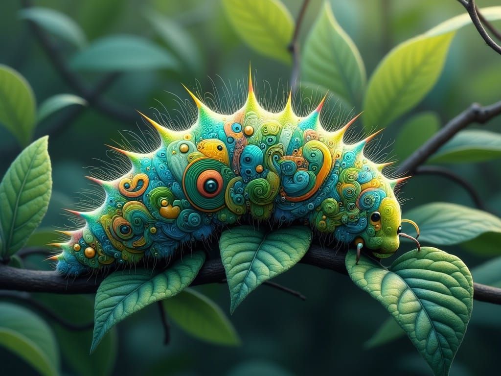 Vibrant Fuzzy Caterpillar on Dew-Kissed Leaf in Whimsical St...