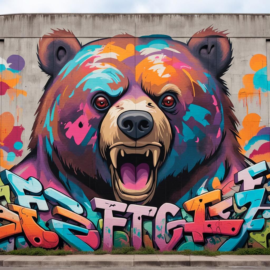 Colorful Graffiti Bear Mural on Concrete Wall