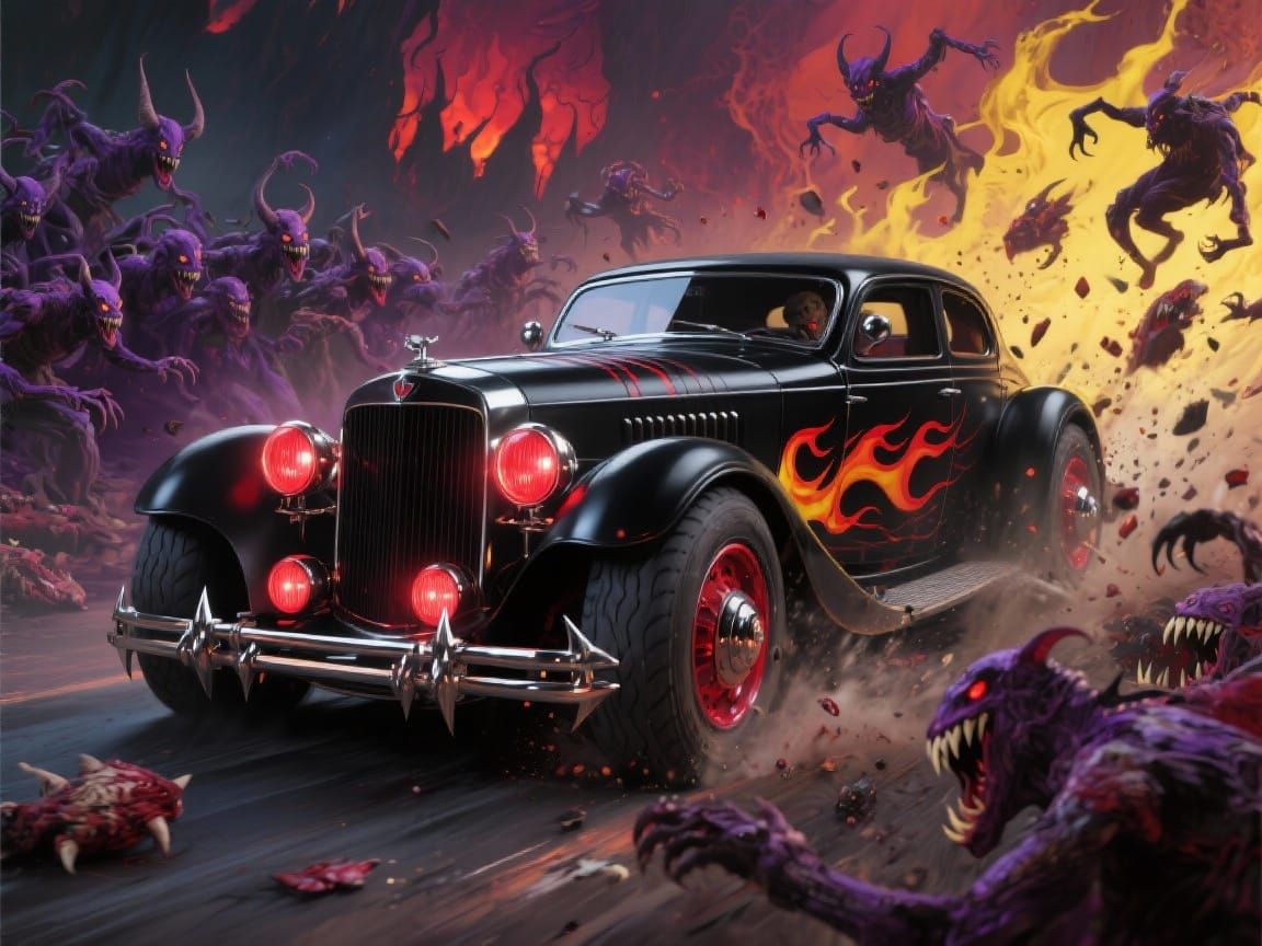 Futuristic Roadster Races Through Hellscape in Dark Fantasy