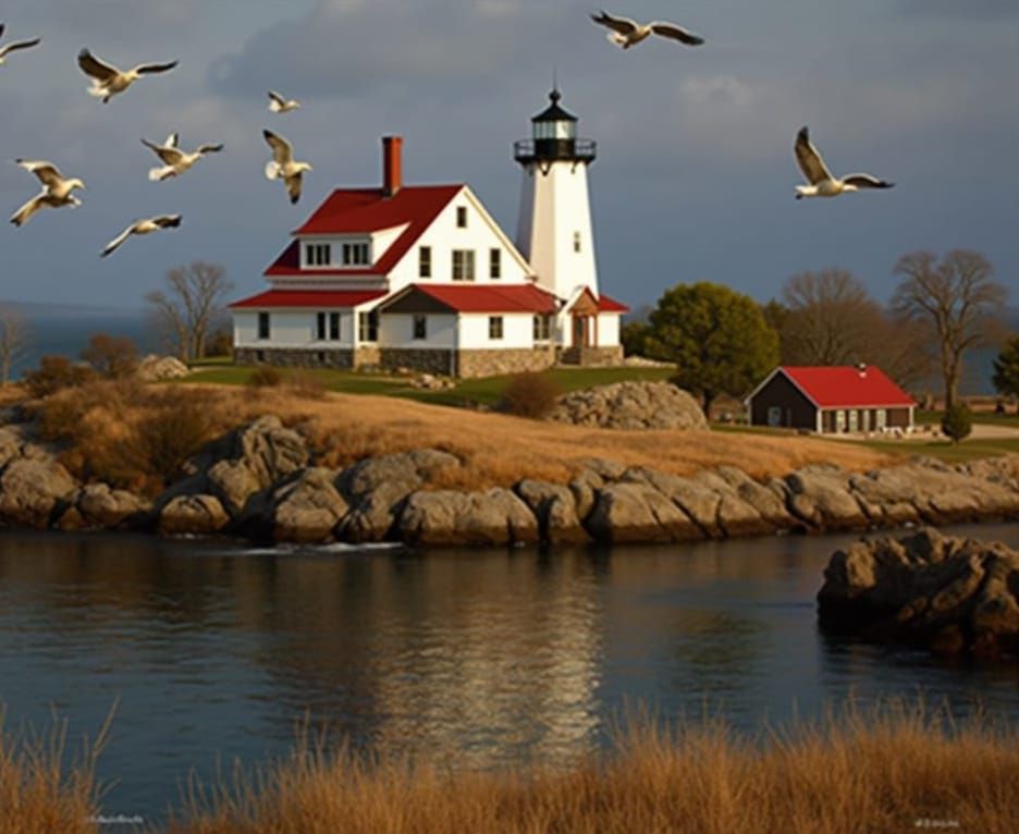New England Lighthouse on Rocky Coastline