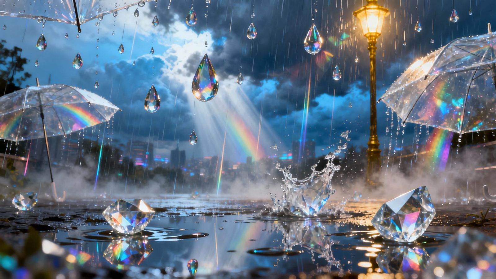 Glass Prism Raindrops Refracting Light Into Rainbows