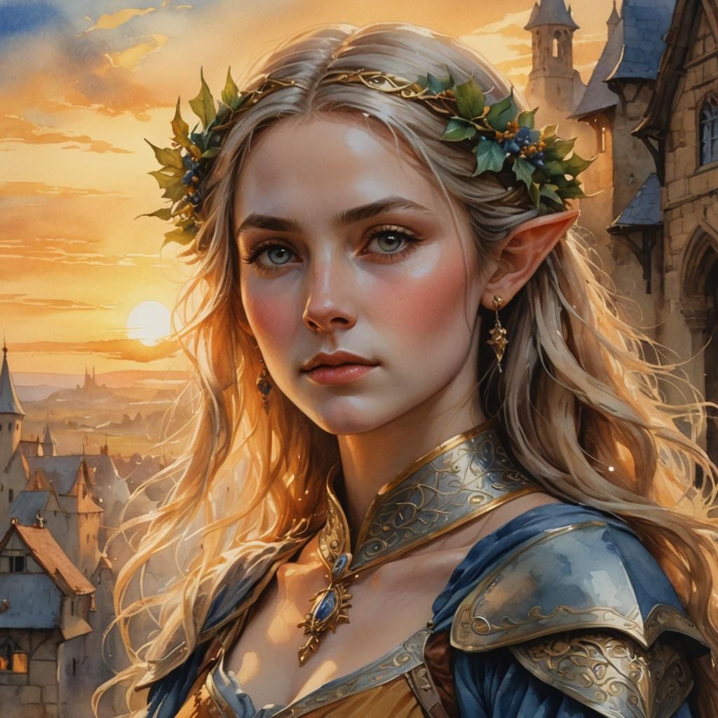 Watercolor Portrait of Serene Elf Woman at Sunset