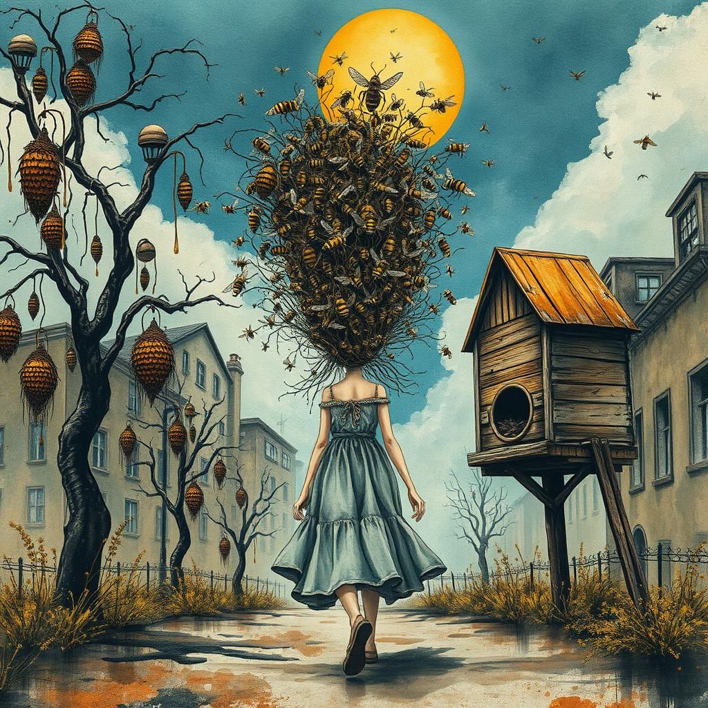 Beehive Hair Girl in Surreal Watercolor City