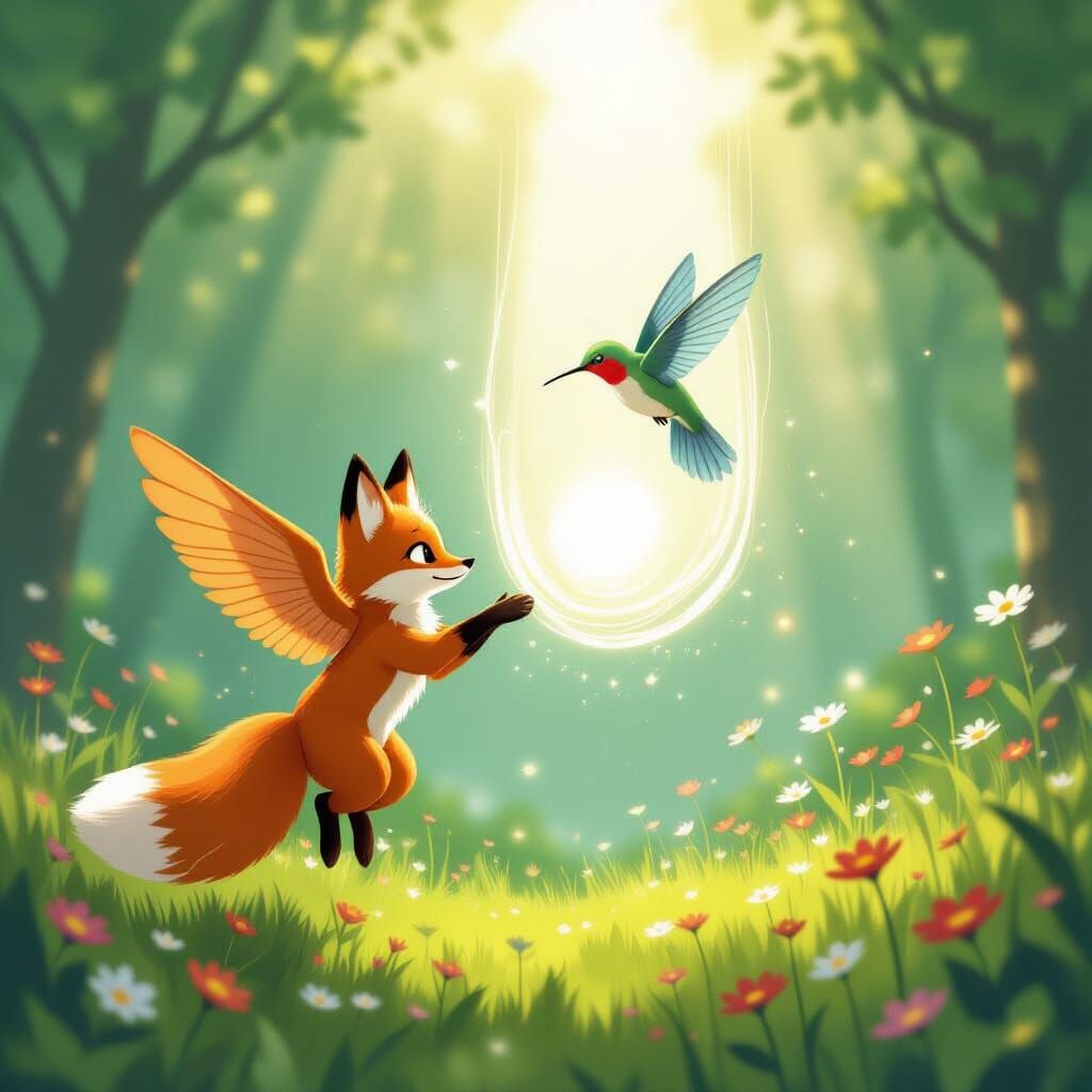 Winged Fox Creature Approaches Light Portal in Dreamlike Mea...