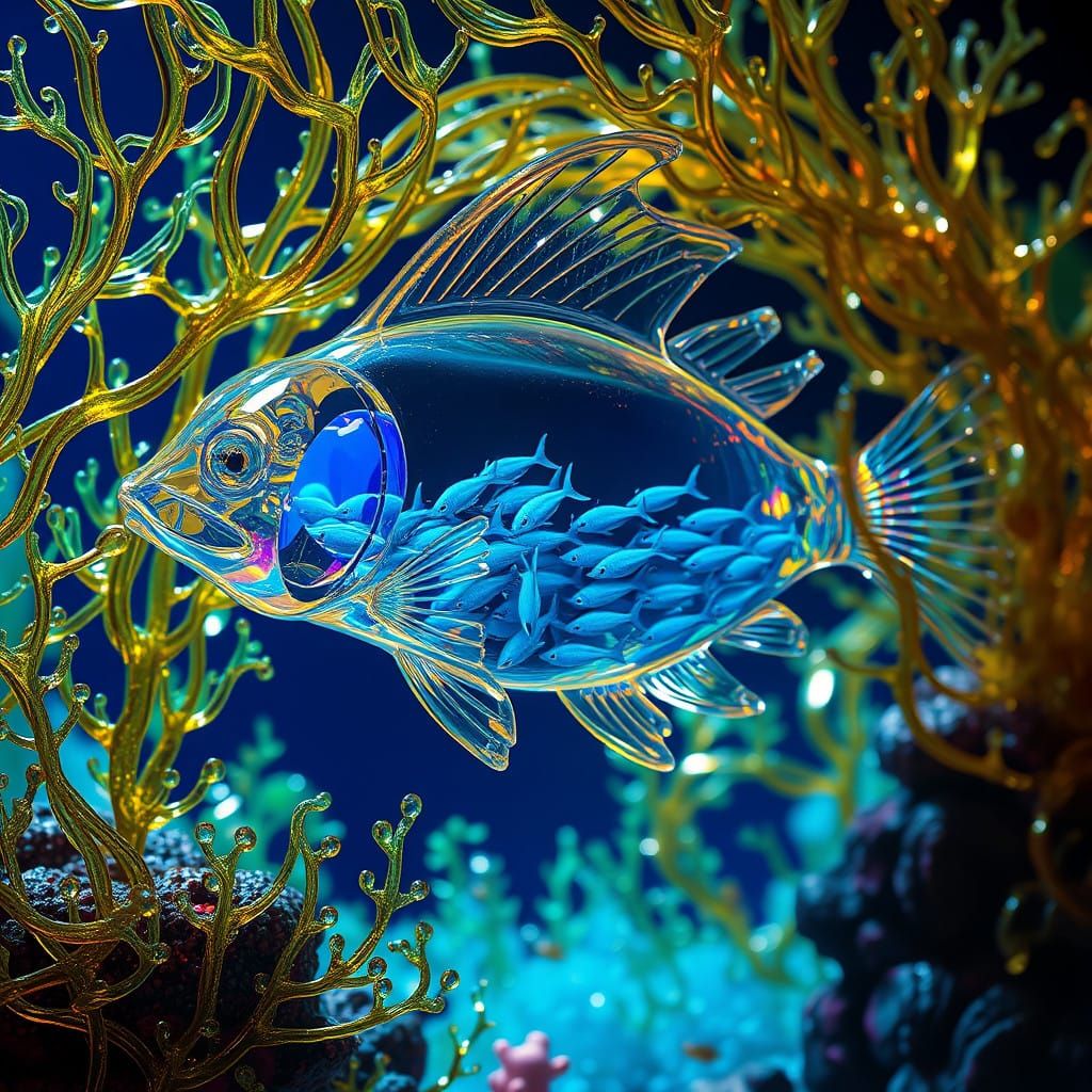 Surreal Glass Catfish Swims through a Vibrant Coral Reef