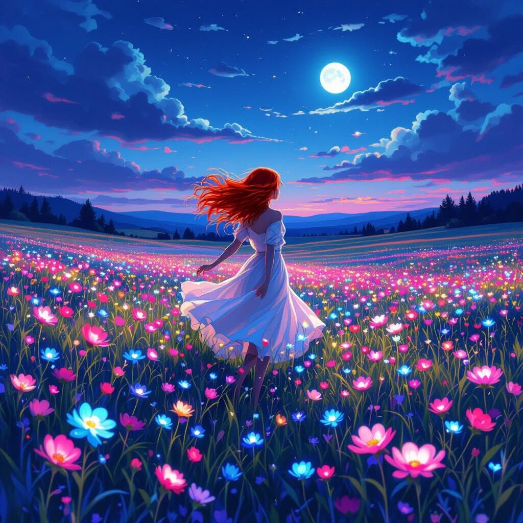 Crimson Hair Woman in Bioluminescent Montana Field