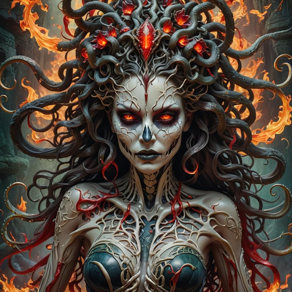 Intricate Medusa Fantasy Art with See-Through Skin