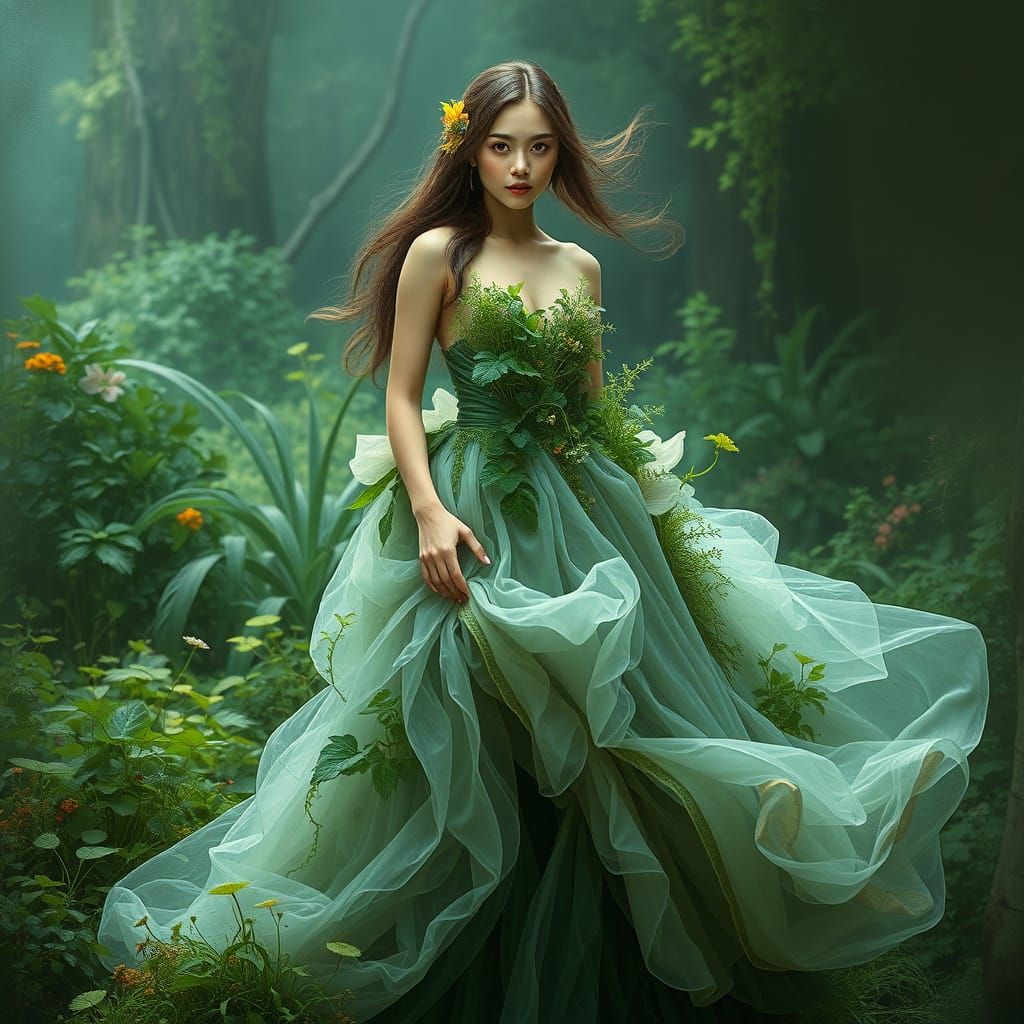 Woman in Organic Gown with Lush Foliage