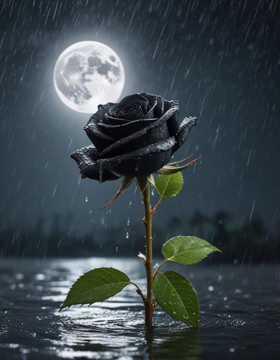 Black Rose Under Full Moon with Heavy Rain