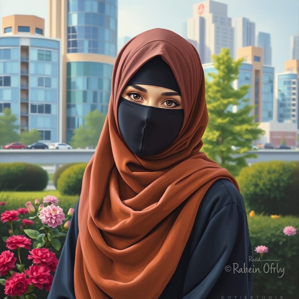 Niqabi Woman in City Garden: An Oil Painting