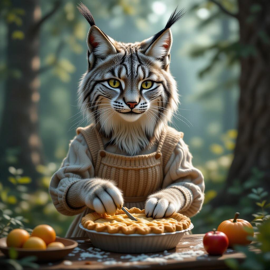 Lynx in Dress Baking Pie in Forest, Fantasy Matte Painting