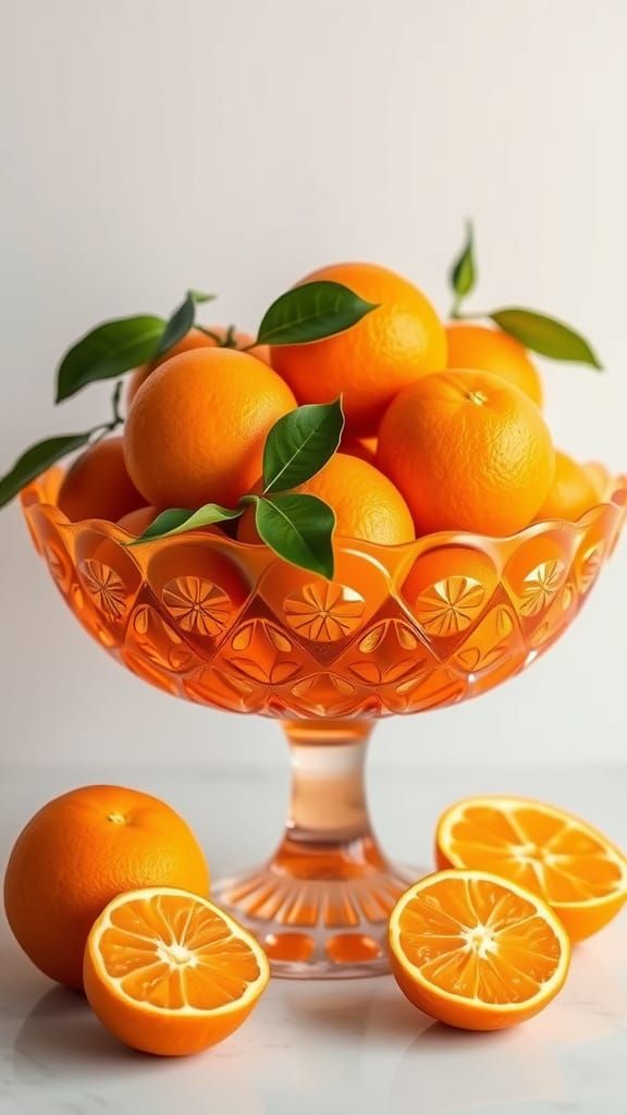 An Orange Glass Bowl filled with Oranges