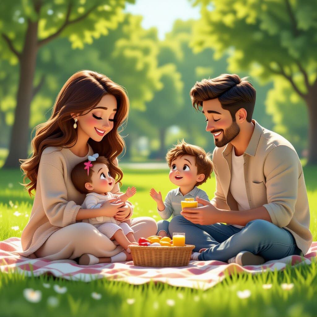 Family Picnic in Sunlit Park, Pixar-Inspired 3D Art