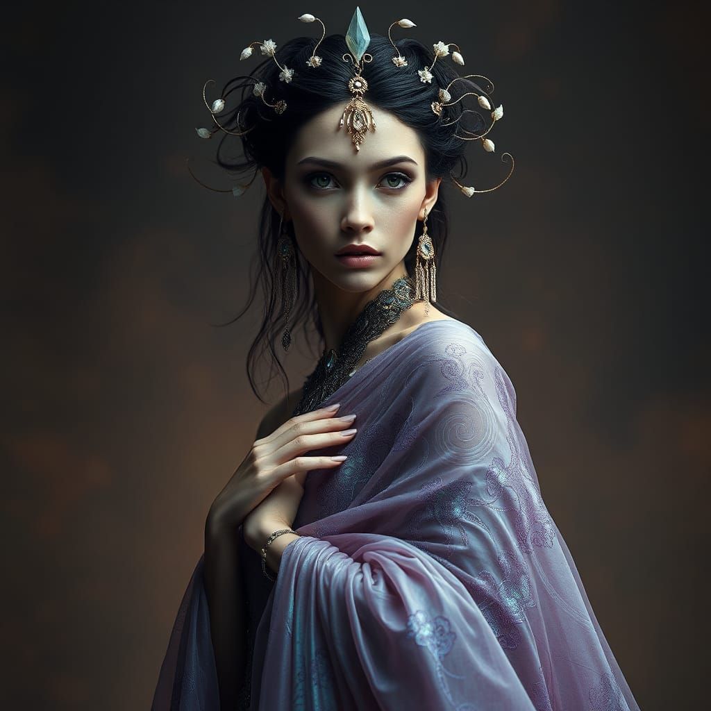 Regal Extraterrestrial Woman in Iridescent Gown