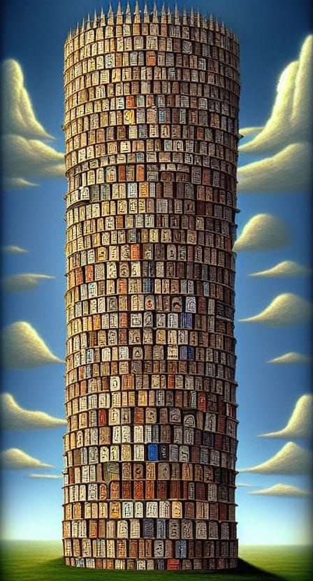 Surreal Babel Tower Made of Books, Digital Art