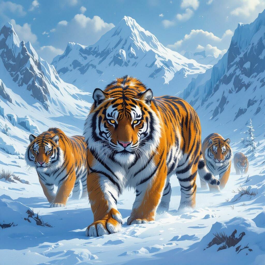Tigers Roam Frozen Wasteland in Dystopian Digital Art