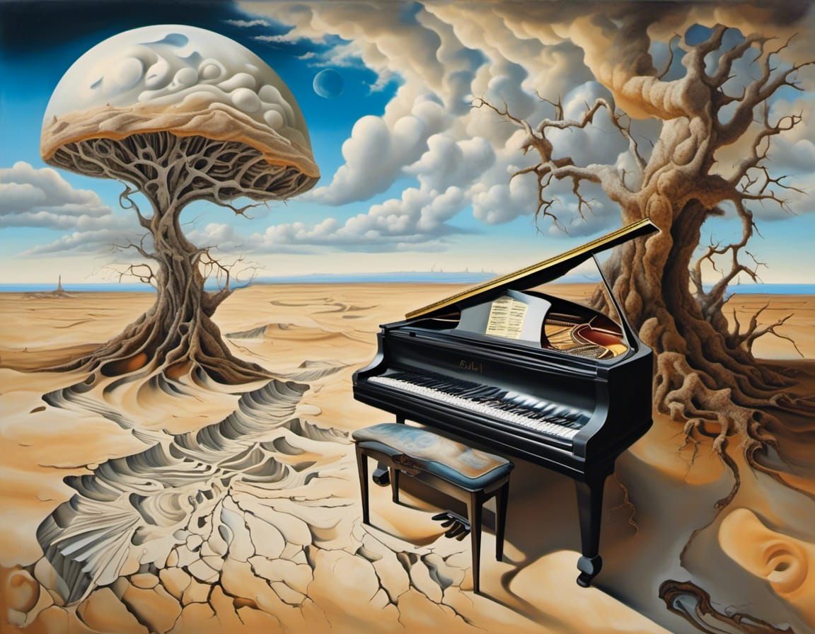 Surreal Desert Landscape with Piano Keys, Dali Style
